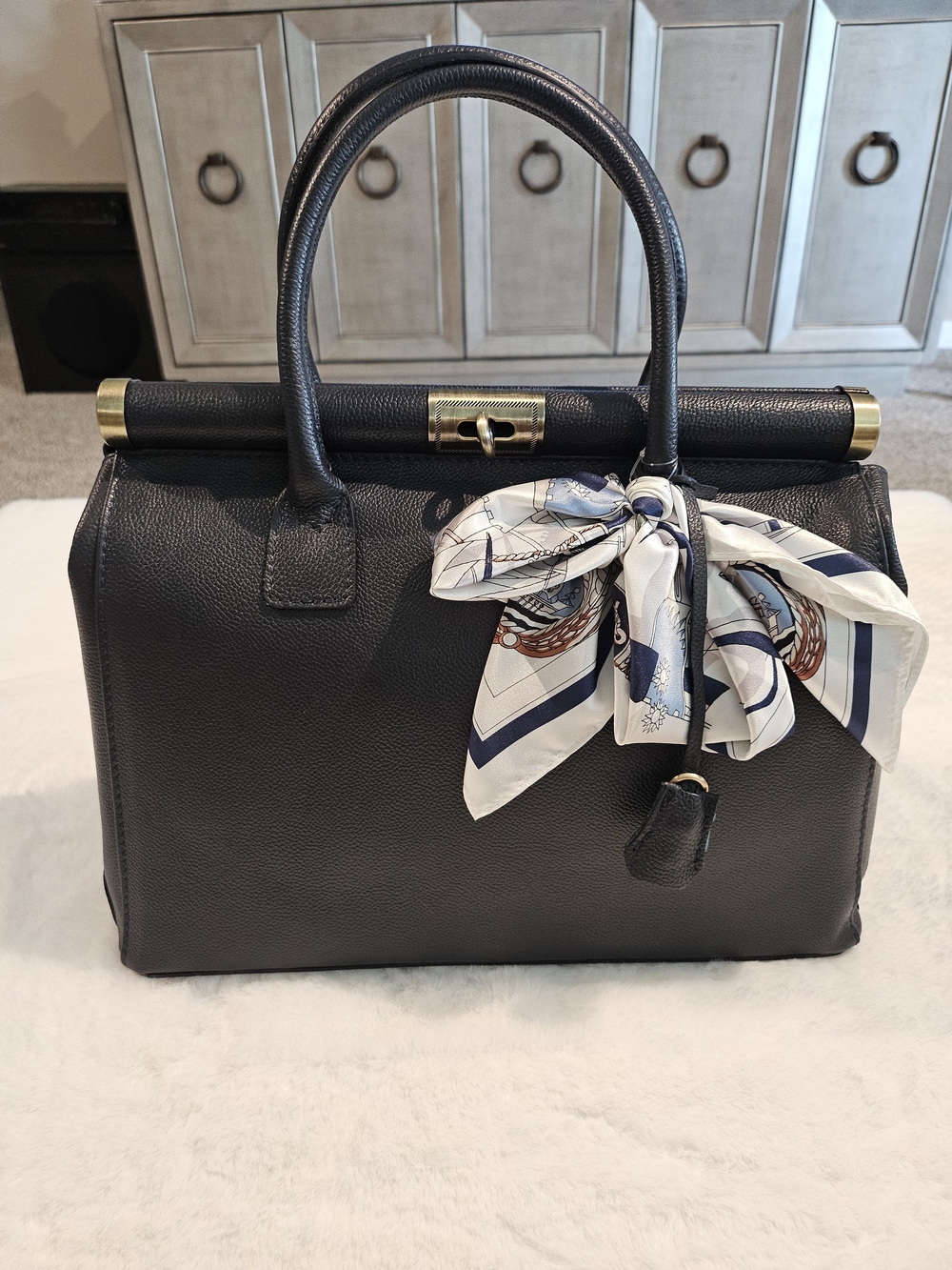 Viola Castellani Navy Italian Leather Structured Satchel w/Silk Scarf Accent